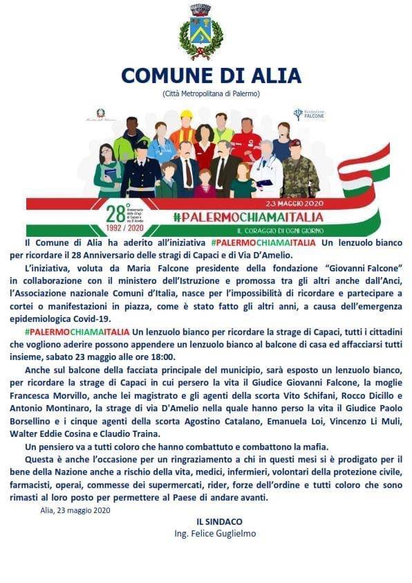 IL COMUNE DI ALIA ADERISCE A #PALERMOCHIAMAITALIA 23 MAGGIO 2020.