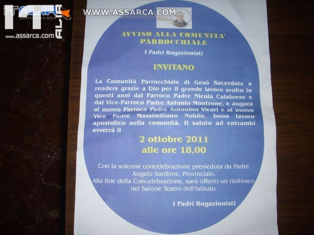 LA COMUNITA` PARROCCHIALE DI GESU` SACERDOTE PALERMO, SALUTA IL NUOVO PARROCO PADRE ANTONINO VICARI, 