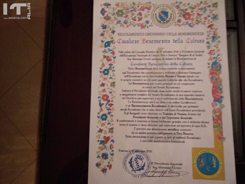 NOMINA A CAVALIERE BENEMERITA DELLA CULTURA DALL`ACCADEMIA NAZIONALE DI LETTERE,ARTI E SCIENZE RUGGERO II DI SICILIA .