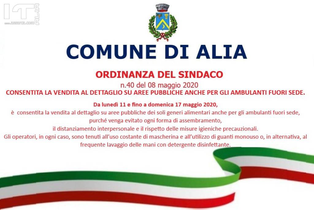 DA LUNEDI` 11 MAGGIO CONSENTITA LA VENDITA AGLI AMBULANTI FUORI SEDE.