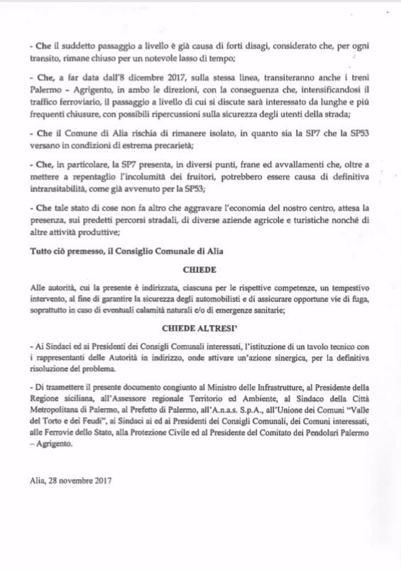 ALIA (PA), CONSIGLIO COMUNALE, SOS VIABILITA` E SICUREZZA DEGLI AUTOMOBILISTI, 