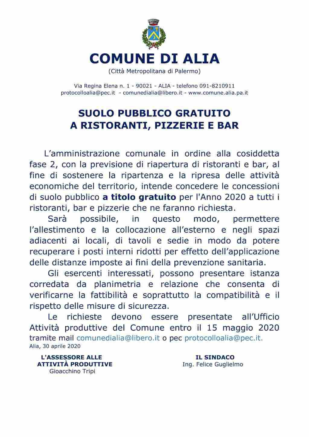 SUOLO PUBBLICO GRATUITO A RISTORANTI, PIZZERIE E BAR.