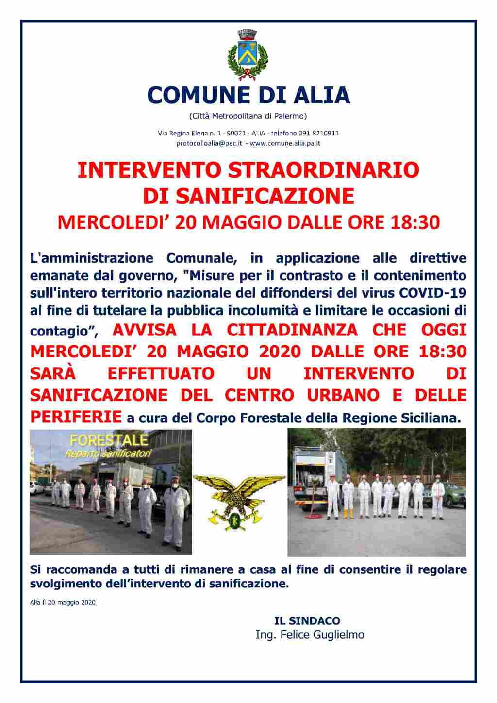 INTERVENTO STRAORDINARIO  DI SANIFICAZIONE MERCOLEDI 20 MAGGIO DALLE ORE 18:30