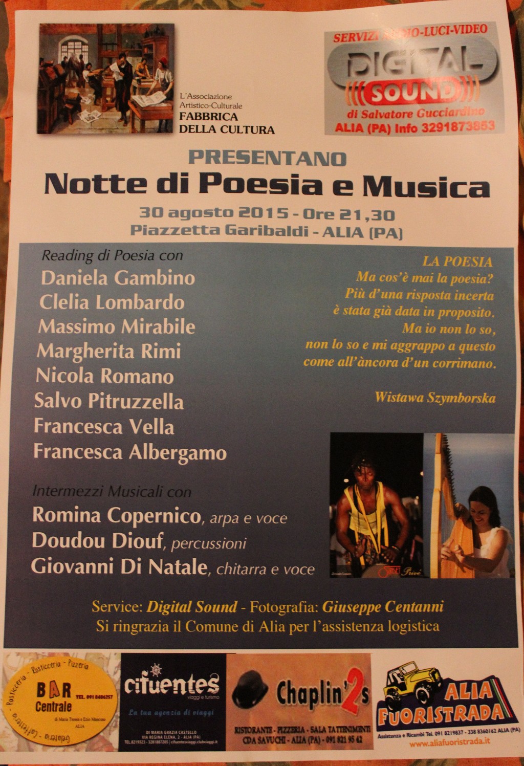 Notte di Poesia e Musica 30 Agosto 2015,ore 21.00 Piazzetta Garibaldi- Alia