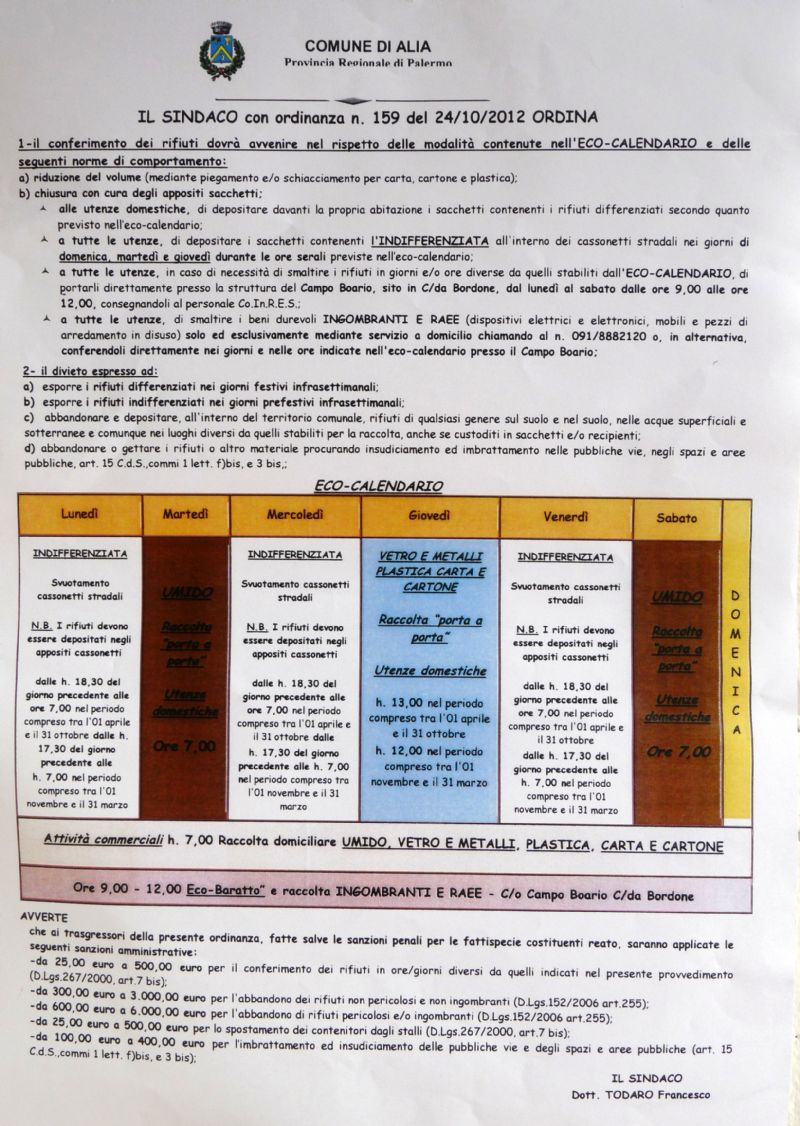 Alia : Nuova ordinanza sindacale per la raccolta dei rifiuti.