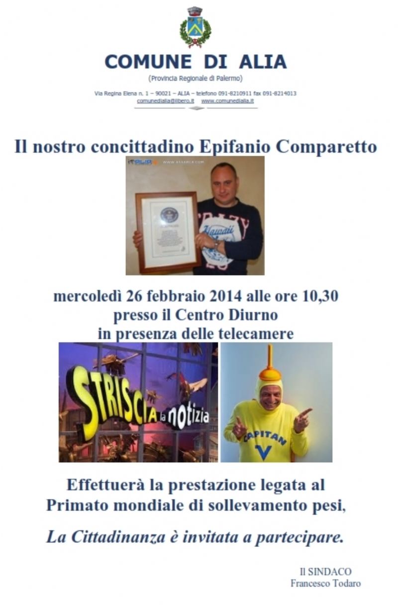 Alia (PA) - PRIMATO MONDIALE SOLLEVAMENTO PESI - EPIFANIO COMPARETTO DAVANTI ALLE TELECAMERE DI STRISCIA LA NOTIZIA