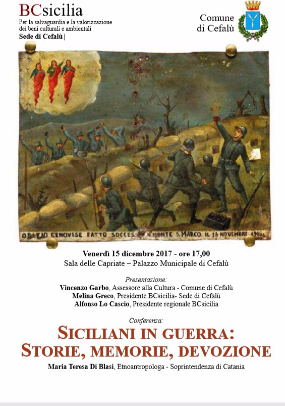 Siciliani in guerra: storie memorie, devozione, conferenza promossa da BCsicilia e Comune di Cefalù.