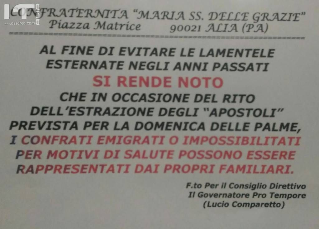 ALIA, CONFRATERNITA "MARIA SS. DELLE GRAZIE". COMUNICATO SULLA "ESTRAZIONE DEGLI APOSTOLI"