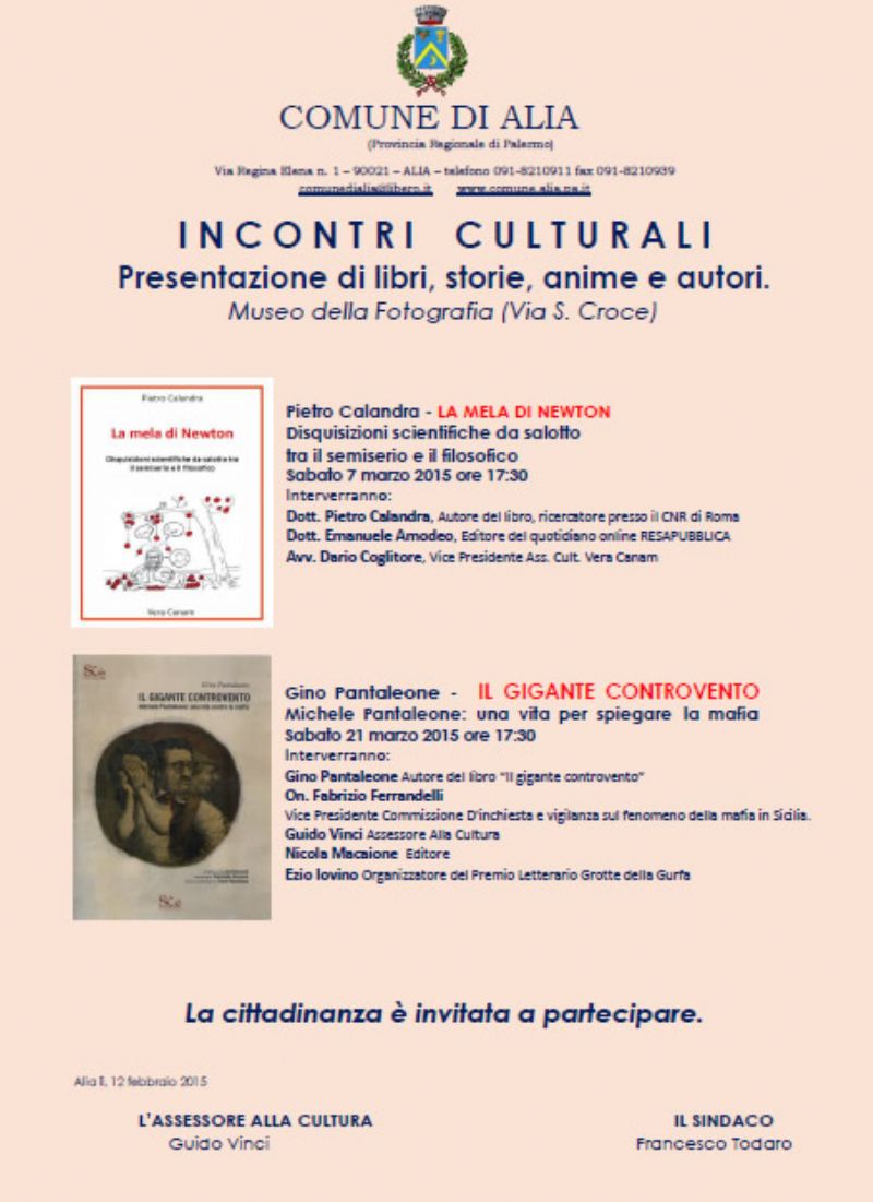 ALIA (PA) - Al via "INCONTRI CULTURALI" Presentazione di libri, storie, anime e autori