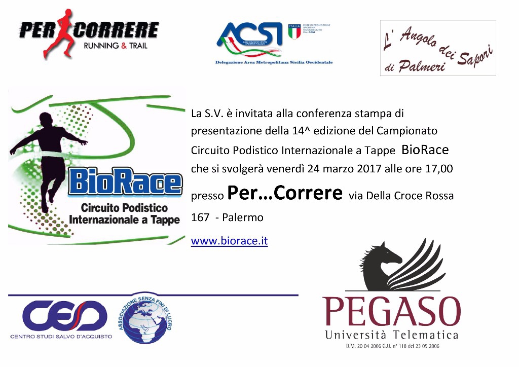 Il 24 Marzo la presentazione ufficiale del Campionato  BioRace 2017 Trofeo Pegaso/Per...Correre