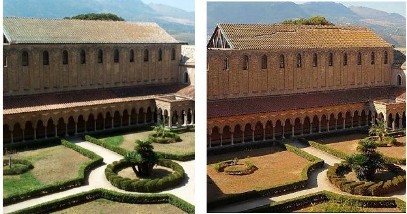 Abbazia di Monreale ? scivolano tegole dal tetto dell`edificio sul chiostro.