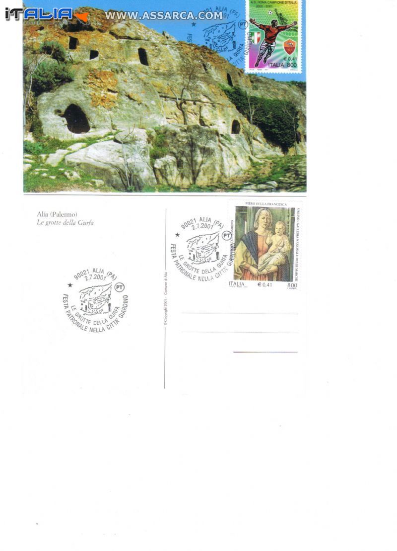 le grotte della gurfa annullo filatelico emesso in data 2/07/2001