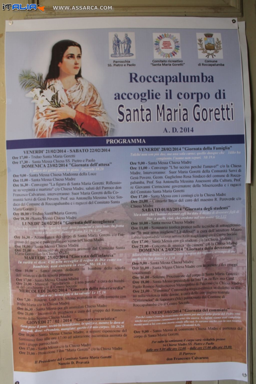 La locandina delle celebrazioni eucaristiche in onore di Santa Maria Goretti