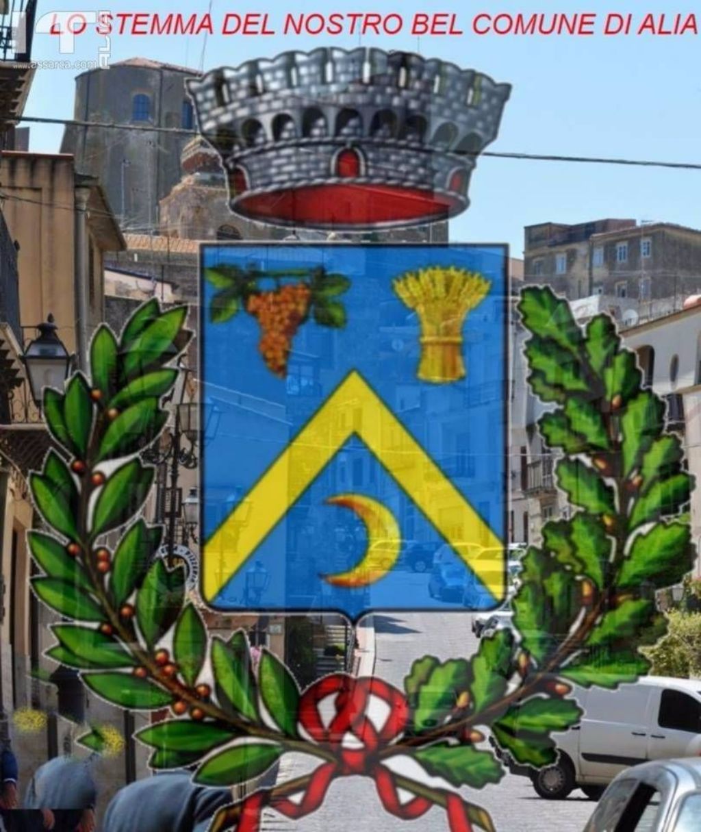 LO stemma del Comune di Alia con panorama di Alia